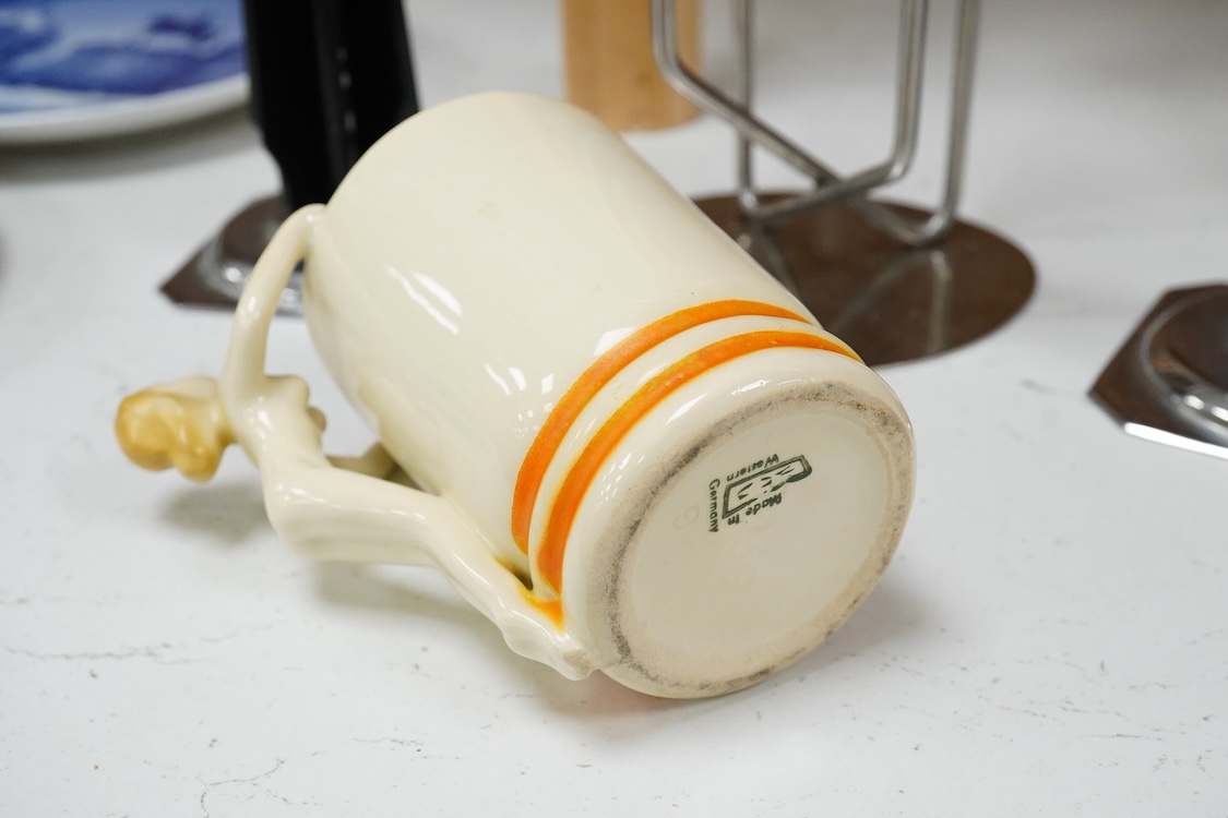 A 1960s Danish Modernist four light candelabrum, a 1940s pair of candlesticks and a West German mug, largest 37cm high